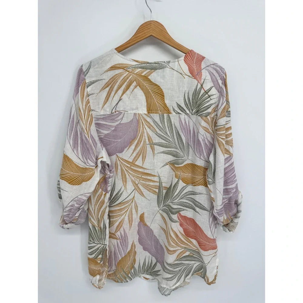 Tahari Linen Button Down Shirt Women 1X Tropical Leaf Roll Tab Coastal Resort